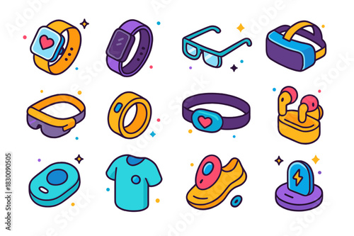 Colorful Wearable Tech Icons. Wearables. Colorful isometric vector icons set of Wearables: smartwatch, fitness tracker band, smart glasses, VR headset, AR