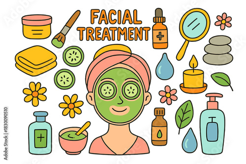 Spa Facial Essentials. facial treatment. Colorful Hand-drawn doodle Children illustration facial treatment face mask, cucumber slices, headband, towel, cream