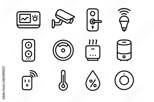 Smart Home Icons Grid. smart home devices display. Line icon set of smart home devices display: thermostat, security camera, door lock, smart light, speaker,
