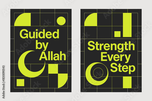 Bauhaus Style Banners. Guided Power. Two vertical A6 banners with safe margins, centered composition, no elements touching edges, bauhaus, charcoal and neon