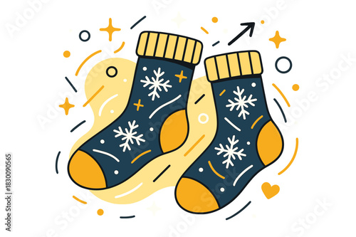 Winter Fashion Sparkles. Socks. Winter socks with snowflakes and abstract floating sparkles, lines, and icons; conveys warmth, seasonal fashion, and lifestyle.