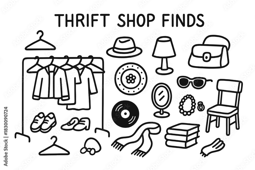 Fototapeta premium Thrift Shop Treasures. Thrift shop finds. Hand-drawn doodle illustration thrift shop finds clothes rack, shoes, hat, lamp, plate, bag, sunglasses, vinyl,