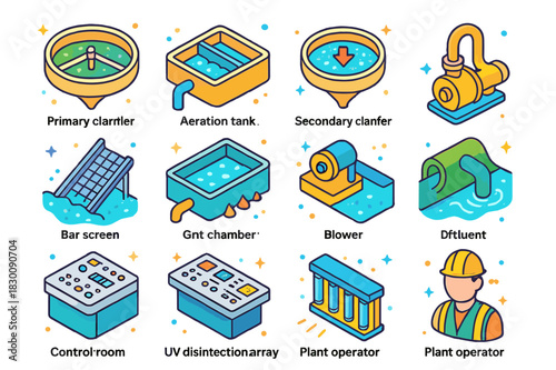 Colorful Wastewater Icons. Wastewater treatment plant. Colorful isometric vector icons set of Wastewater treatment plant: primary clarifier, aeration tank,