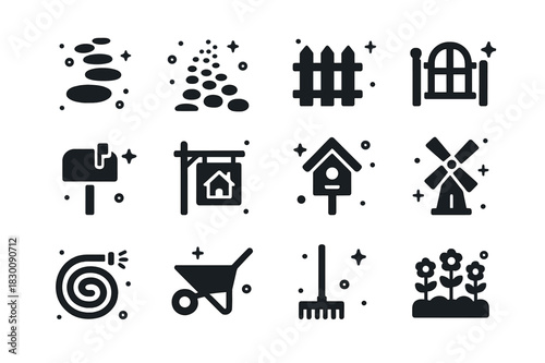 Garden Path Icons. Garden Path to Porch. Solid icons set of Garden Path to Porch: stepping stones, gravel path, picket fence, gate, mailbox, house sign,