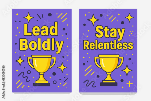 Bold Leadership Banners. Lead boldly. Two vertical A6 banners with safe margins, centered composition, no elements touching edges, memphis, purple and yellow,