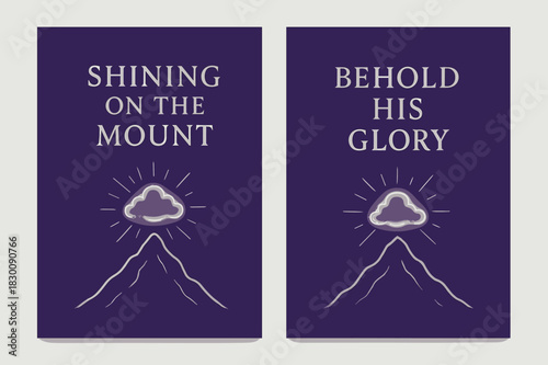 Shining Mountain Banners. Transfiguration. Two vertical A6 banners with safe margins, centered composition, no elements touching edges, minimal, royal purple