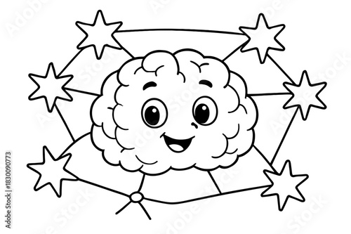 Brain Network Coloring. Brain learning network children?s coloring book illustration, outlined drawing, a cheerful brain with several neuron stars around it