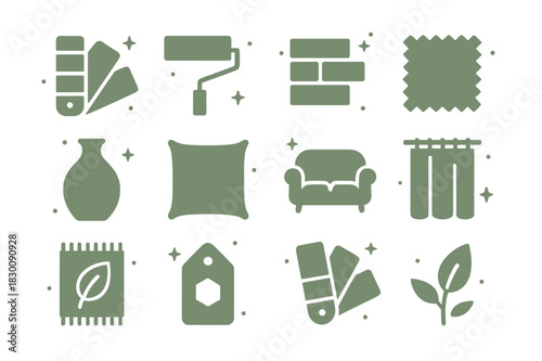 Sage Green Design Icons. Sage green color palette in design. Solid icons set of Sage green color palette in design: color swatch, paint roller, wall sample,