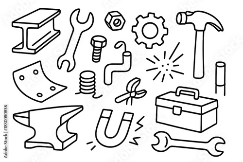 Metal Tool Doodles. Metal. Hand-drawn doodle illustration metal steel beam, wrench, bolt, nut, gear, hammer, sheet, wire, pipe, anvil, magnet, sparks, toolbox,