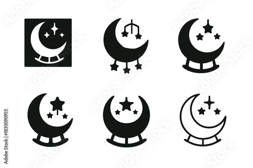Crescent Cradle Logos. Baby nursery decor. Set Logo of Baby nursery decor: crescent cradle and star mobile. harmonious logo variations of the same emblematic