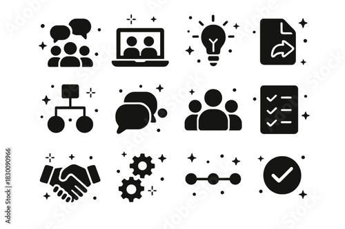 Team Collaboration Icons. Team Collaboration. Solid icons set of Team Collaboration: group chat, laptop screen, lightbulb, document share, workflow chart,