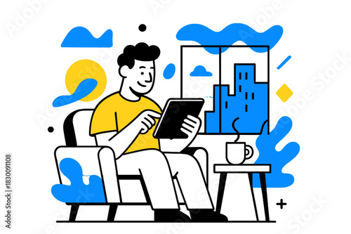 Modern Home Office Vibe. Creating a home office with a person sitting on a couch, hands holding a tablet, surrounded by abstract shapes and a big window with a