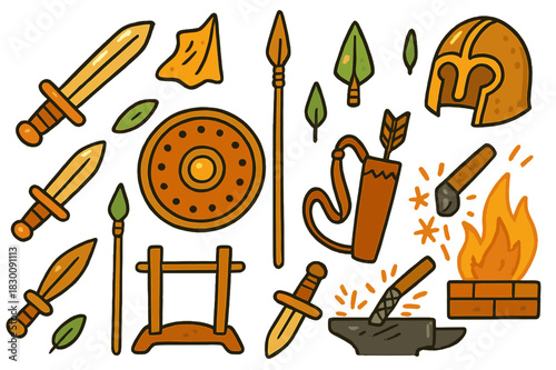 Bronze Weapon Doodles. Bronze weapons. Colorful Hand-drawn doodle Children illustration Bronze weapons sword, dagger, spear, arrowhead, shield, helmet, quiver,