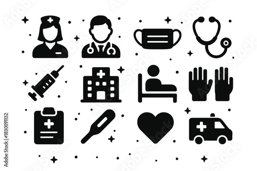 Frontline Healthcare Icons. Frontline Healthcare. Solid icons set of Frontline Healthcare: nurse, doctor, medical mask, stethoscope, syringe, hospital,