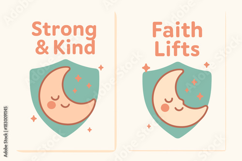 Kawaii Moon Banners. Gentle Might. Two vertical A6 banners with safe margins, centered composition, no elements touching edges, kawaii, coral and teal, smiling