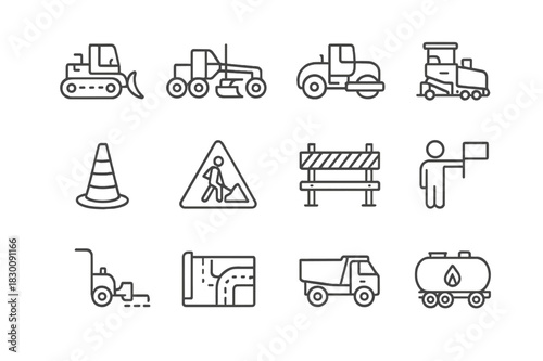 Road Construction Icons. Road construction. Line icon set of road construction: bulldozer, grader, roller, asphalt spreader, dump truck, traffic cone, warning