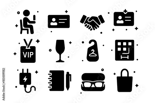 Collector Experience Icons. Collector experience. Solid icons set of Collector experience: bidder seat, business card, handshake deal, membership card, VIP