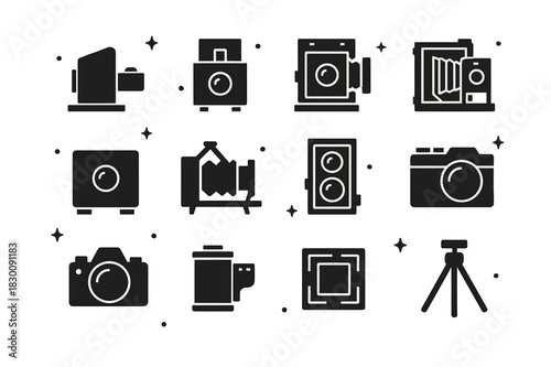 Evolution of Cameras. Historical photography and the development of the camera. Solid icons set of Historical photography and the development of the camera:
