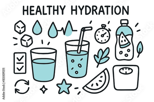 Healthy Hydration Icons. // Healthy hydration. Hand-drawn doodle illustration Healthy hydration [water glass (accented), watermelon-infused water bottle