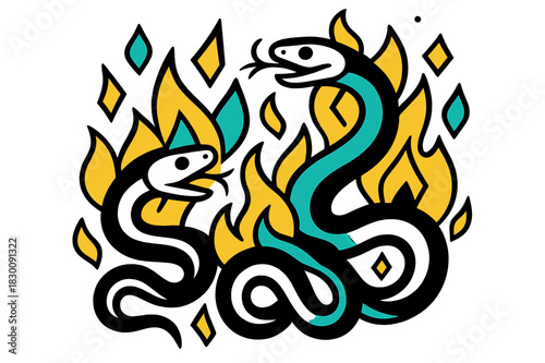 Fiery Serpents Dance. Writhing Serpents in Fire. Close-up of fiery serpents with coiling bodies and floating abstract geometric flames, intense and striking