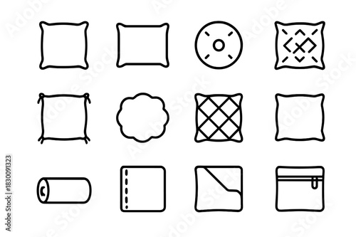 Pillow Icon Collection. Pillow Designs. Line icon set of Pillow Designs: square pillow, rectangle pillow, round pillow, patterned pillow, tassel pillow, fluffy