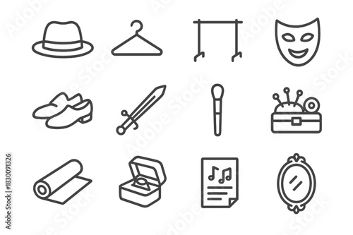 Costume Props Icons. Costume and Props. Line icon set of Costume and Props: hat, hanger, wardrobe rack, mask, stage shoes, prop sword, makeup brush, sewing