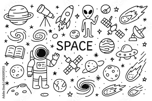 Space Doodles. Space. Hand-drawn doodle illustration acquiring knowledge planets, stars, galaxies, rockets, astronauts, aliens, spaceships, telescopes,