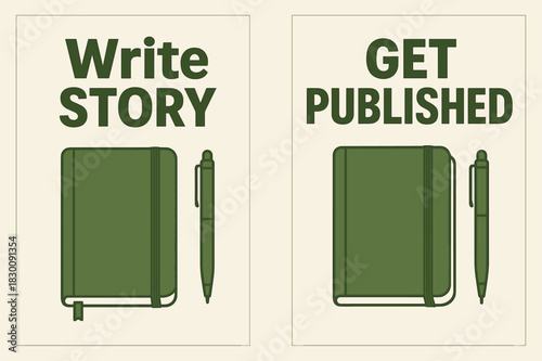 Olive Banner Notebooks. WRITING. Two vertical A6 banners with safe margins, centered composition, no elements touching edges, bold, olive green and cream,