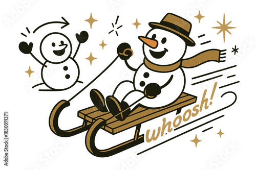 Snowman Sled Delight. Snowman ? Vintage Sled. A snowman cheers as a sled swooshes past; motion lines and stars sparkle. Tag ?whoosh!? skims along the track.