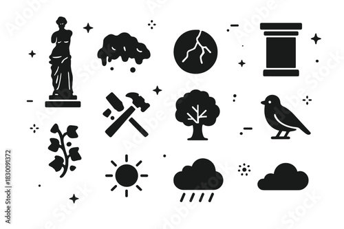 Historic Sculpture Icons. Historic Sculpture. Solid icons set of Historic Sculpture: statue, moss, cracks, pedestal, chisel, hammer, ivy, tree, bird, sun,
