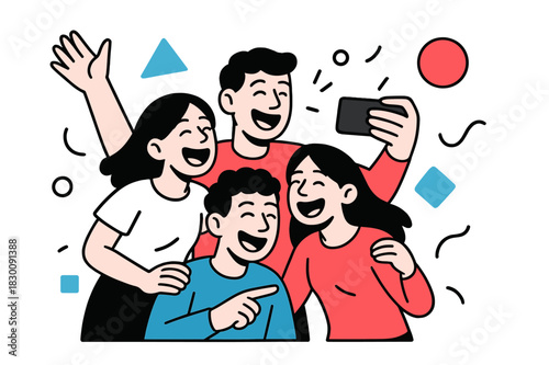 Joyful Group Selfie. Laughing in a Group. Friends taking a group selfie and laughing with floating abstract geometric shapes, fun and engaging scene. Modern