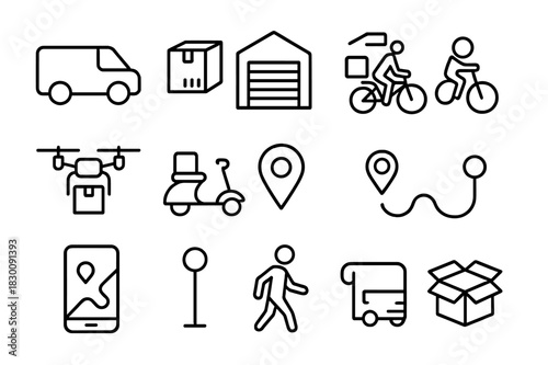 Delivery Icon Grid. Delivery network. Line icon set of delivery network: delivery van, warehouse, package, bicycle courier, drone, scooter, map marker, route