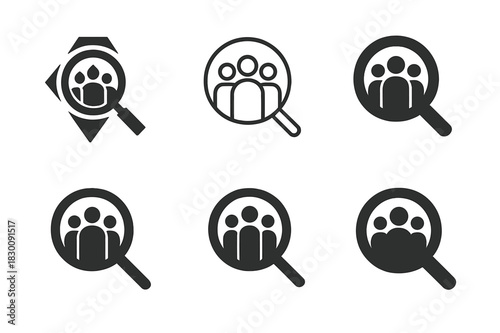 Inclusive Hiring Logos. Inclusive hiring. Set Logo of Inclusive hiring: magnifying glass over diverse figures. harmonious logo variations of the same