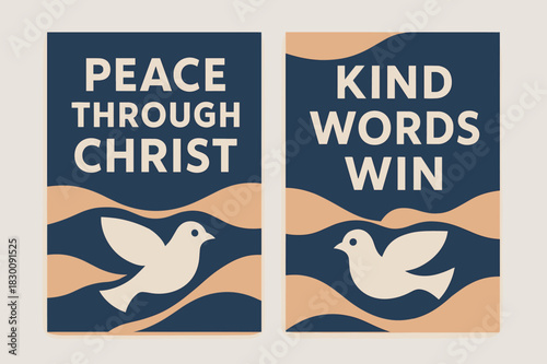 Peaceful Banners. Peace of Christ. Two vertical A6 banners with safe margins, centered composition, no elements touching edges, geometric, indigo and apricot,