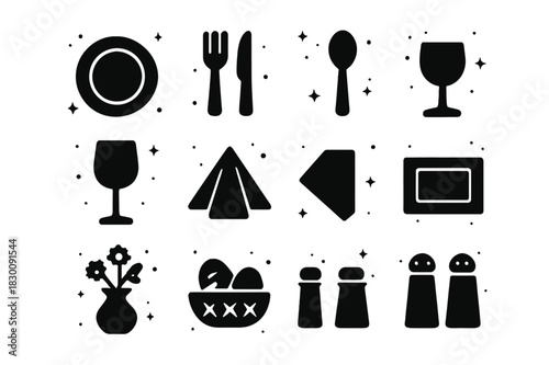 Tableware Icons Grid. Tableware Arrangement. Solid icons set of Tableware Arrangement: plate, fork, knife, spoon, wine glass, water glass, napkin, placemat,