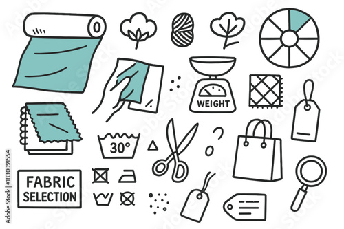 Fabric Selection Fun. // Fabric selection. Hand-drawn doodle illustration fabric selection [bolt of fabric (accented), swatch book (accented), fiber icons,