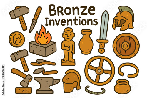 Bronze Age Tools. Bronze inventions. Colorful Hand-drawn doodle Children illustration Bronze inventions bronze tools, hammer, chisel, anvil, sword, shield,