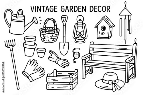 Vintage Garden Decor Sketch. Vintage garden decor. Hand-drawn doodle illustration vintage garden decor metal watering can, wicker basket, old shovel, lantern,