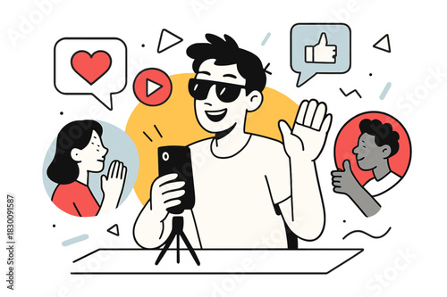 Influencer's Dynamic Connection. Celebrity Influencer. Influencer interacting with fans online with floating abstract geometric shapes and colorful icons,