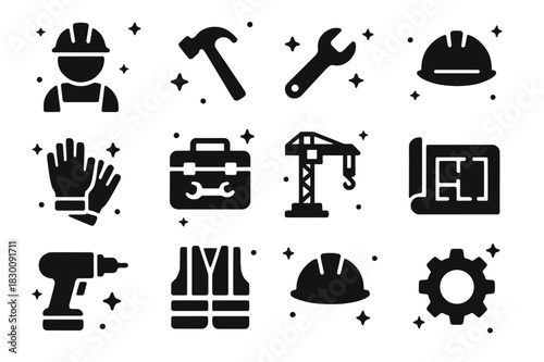 Occupational Tool Icons. Occupational Work. Solid icons set of Occupational Work: construction worker, hammer, wrench, hard hat, gloves, toolbox, crane,