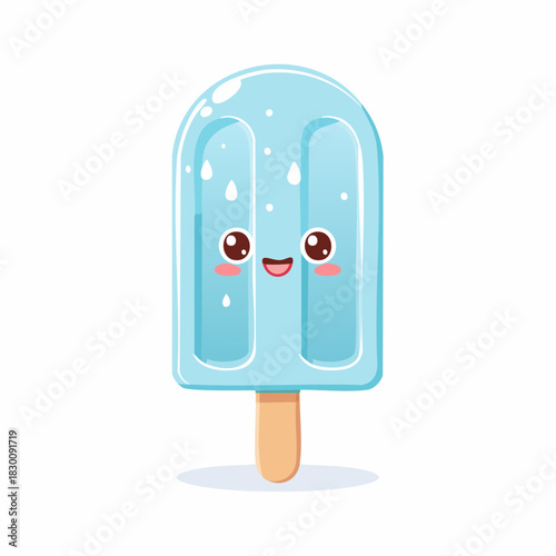Cute kawaii icicle character with shy smile, pastel icy-blue palette, rounded edges, simple vector geometric forms