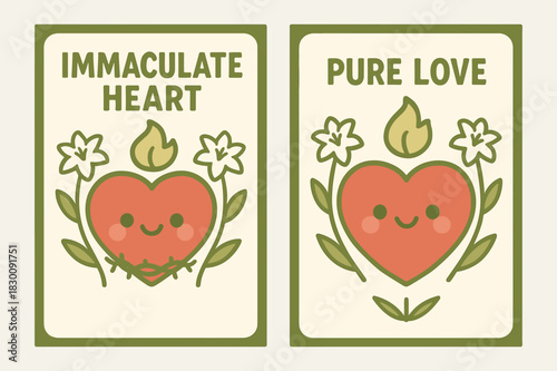 Immaculate Heart Banners. Immaculate Heart. Two vertical A6 banners with safe margins, centered composition, no elements touching edges, kawaii, olive green