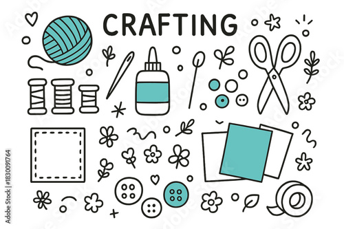 Crafting Tools Doodle. Crafting. Hand-drawn doodle illustration crafting tools, colored yarn, accented glue, colored scissors, accented tape, yarn needle,