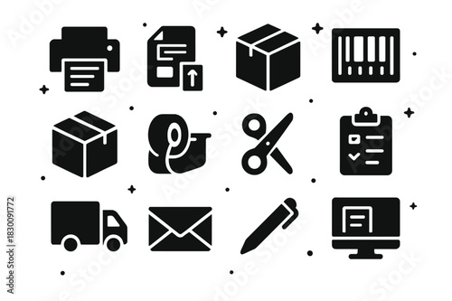 Warehouse Printing Icons. Warehouse Printing. Solid icons set of Warehouse Printing: printer, shipping label, package, barcode, box, tape dispenser, scissors,
