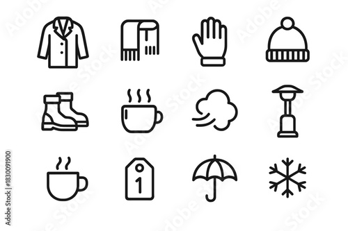 Winter Night Essentials. Winter Night Out. Line icon set of Winter Night Out: coat, scarf, gloves, beanie hat, warm boots, hand warmer, breath cloud, patio