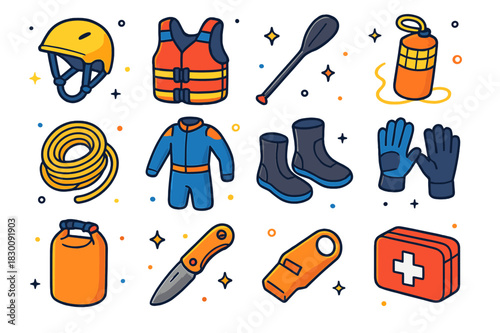 Whitewater Gear Icons. Whitewater gear essentials. Colorful isometric vector icons set of Whitewater gear essentials: rafting helmet, PFD life jacket, carbon