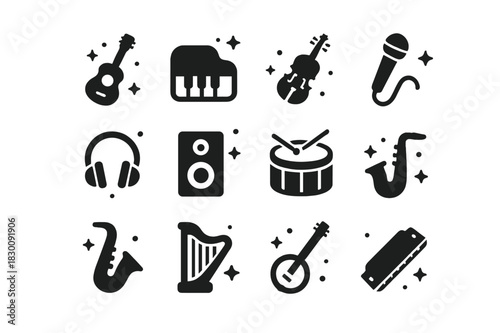 Music Icons Grid. Music. Solid icons set of Music: guitar, piano, violin, microphone, headphones, speaker, drum, trumpet, saxophone, harp, banjo, harmonica.