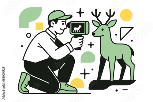 Infrared Wildlife Observation. Wildlife Tracking. Night-time wildlife observation with infrared camera and floating abstract geometric shapes, careful and