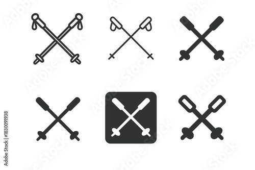 Ski Pole Logos. Pole. Set Logo of Pole: Crossed ski poles. Icon set. harmonious logo variations of the same emblematic concept, each with different artistic