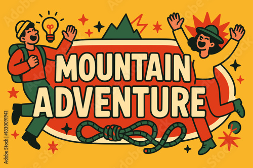 Mountain Adventure Madness. Mountain adventure banner, flat vector illustration, bold oversized text inside sticker outline, cartoon characters dancing and
